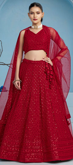 Red and Maroon color Lehenga in Georgette fabric with Embroidered, Resham, Sequence, Thread work