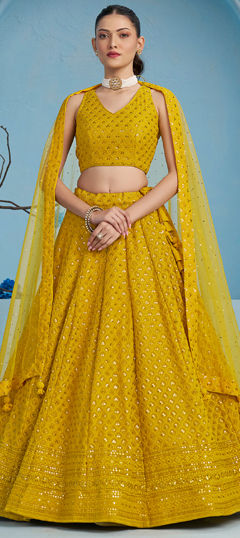 Yellow color Lehenga in Georgette fabric with Embroidered, Resham, Sequence, Thread work