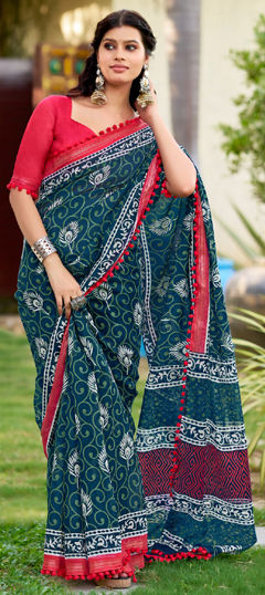 Blue color Saree in Malmal fabric with Lace, Printed work