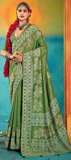 Green color Saree in Art Silk fabric with Printed work