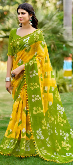 Green, Yellow color Saree in Malmal fabric with Lace, Printed work