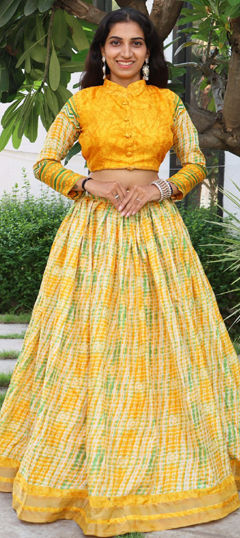 Yellow color Ready to Wear Lehenga in Tussar Silk fabric with Printed, Tye n Dye, Weaving, Zari work