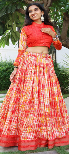 Red and Maroon, White and Off White color Ready to Wear Lehenga in Tussar Silk fabric with Printed, Tye n Dye, Weaving, Zari work