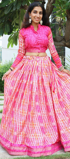 Pink and Majenta, White and Off White color Ready to Wear Lehenga in Tussar Silk fabric with Printed, Tye n Dye, Weaving, Zari work