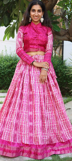 Pink and Majenta, White and Off White color Ready to Wear Lehenga in Tussar Silk fabric with Printed, Tye n Dye, Weaving, Zari work
