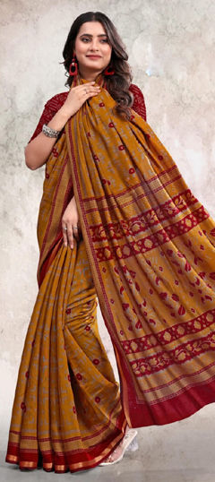 Yellow color Saree in Cotton fabric with Printed work