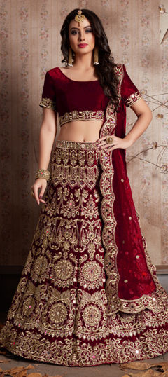 Red and Maroon color Lehenga in Velvet fabric with Embroidered, Mirror, Stone, Zari work