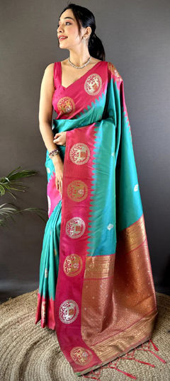 Blue, Pink and Majenta color Saree in Banarasi Silk fabric with Weaving, Zari work