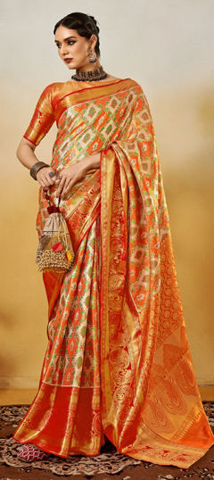 Orange color Saree in Silk fabric with Weaving, Zari work