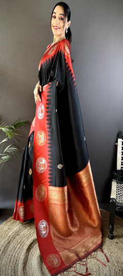 Black and Grey, Red and Maroon color Saree in Banarasi Silk fabric with Weaving, Zari work