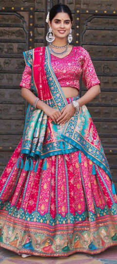 Pink and Majenta color Lehenga in Viscose fabric with Weaving, Zari work