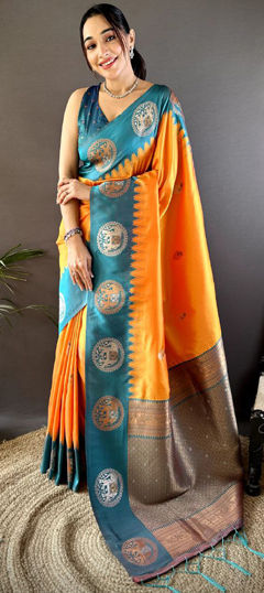 Blue, Orange color Saree in Banarasi Silk fabric with Weaving, Zari work