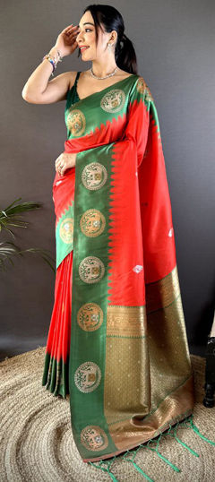 Green, Red and Maroon color Saree in Banarasi Silk fabric with Weaving, Zari work