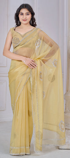 Yellow color Saree in Organza Silk fabric with Stone work