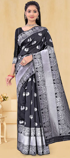 Black and Grey color Saree in Art Silk fabric with Weaving, Zari work