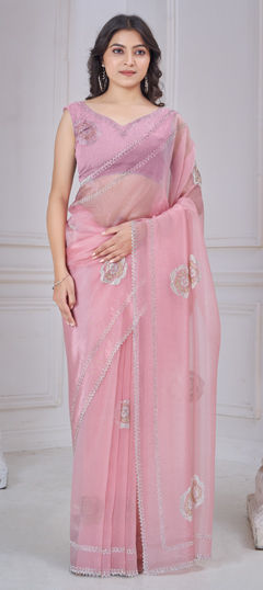 Pink and Majenta color Saree in Organza Silk fabric with Stone work