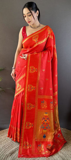 Red and Maroon color Saree in Art Silk fabric with Weaving, Zari work