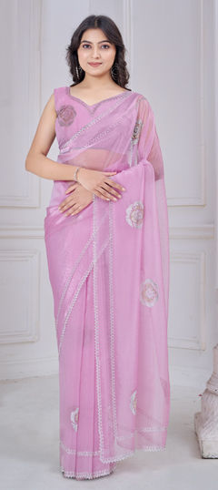 Pink and Majenta color Saree in Organza Silk fabric with Stone work