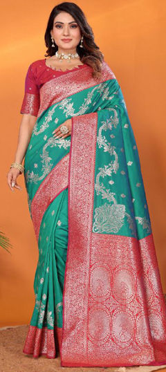 Green color Saree in Banarasi Silk fabric with Weaving, Zari work