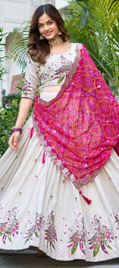 White and Off White color Ready to Wear Lehenga in Tissue fabric with Bandhej, Embroidered, Printed, Sequence, Thread work