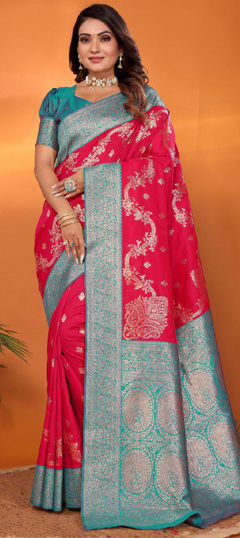 Blue, Pink and Majenta color Saree in Banarasi Silk fabric with Weaving, Zari work
