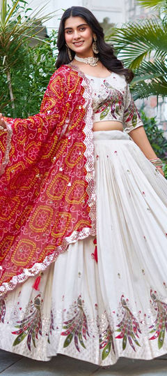 White and Off White color Ready to Wear Lehenga in Tissue fabric with Bandhej, Embroidered, Printed, Sequence, Thread work