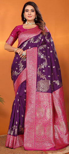 Pink and Majenta, Purple and Violet color Saree in Banarasi Silk fabric with Weaving, Zari work
