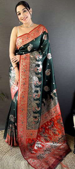 Green color Saree in Banarasi Silk fabric with Weaving, Zari work
