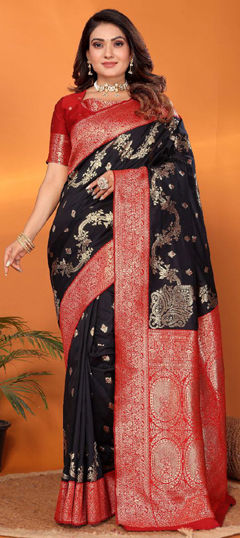 Black and Grey, Red and Maroon color Saree in Banarasi Silk fabric with Weaving, Zari work