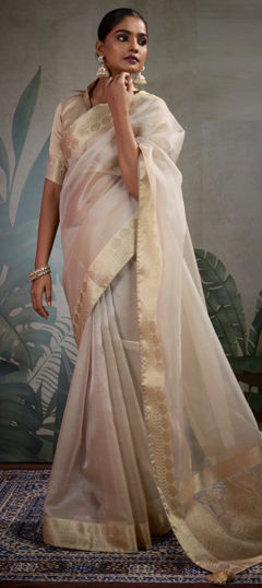 Beige and Brown color Saree in Tissue fabric with Weaving, Zari work