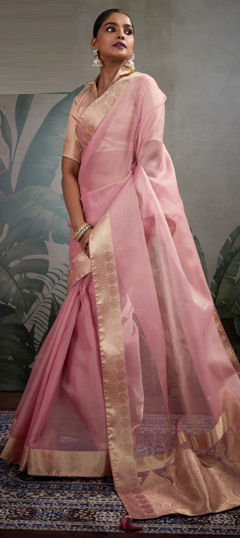 Pink and Majenta color Saree in Tissue fabric with Weaving, Zari work
