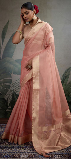 Pink and Majenta color Saree in Tissue fabric with Weaving, Zari work