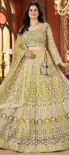 Green color Lehenga in Net fabric with Embroidered, Sequence, Thread work
