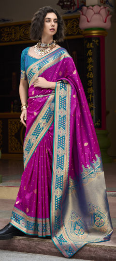 Pink and Majenta color Saree in Silk fabric with Weaving, Zari work