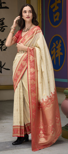 White and Off White color Saree in Silk fabric with Weaving, Zari work