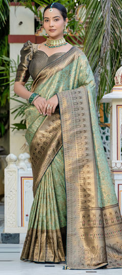 Green color Saree in Kanjeevaram Silk fabric with Weaving, Zari work
