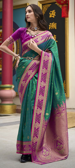 Green color Saree in Silk fabric with Weaving, Zari work