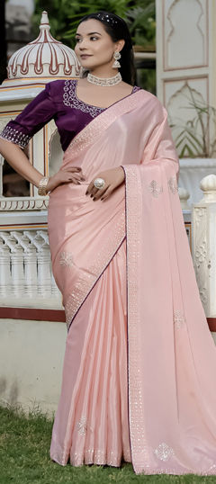 Pink and Majenta color Saree in Chinon Silk fabric with Stone, Thread work