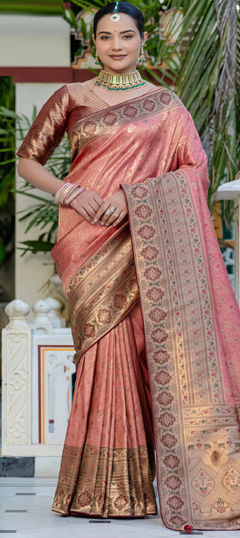 Pink and Majenta color Saree in Kanjeevaram Silk fabric with Weaving, Zari work