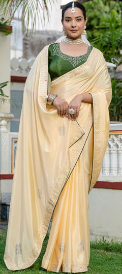 Beige and Brown color Saree in Chinon Silk fabric with Stone, Thread work