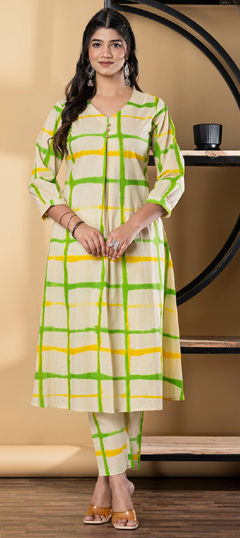 Beige and Brown, Green color Salwar Kameez in Cotton fabric with Printed work