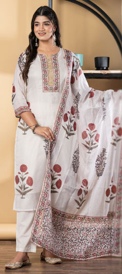 White and Off White color Salwar Kameez in Kota Doria Silk fabric with Floral, Printed work