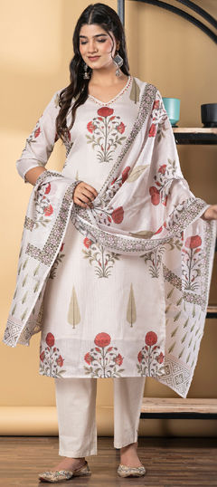 White and Off White color Salwar Kameez in Kota Doria Silk fabric with Floral, Printed work