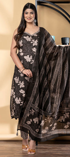Beige and Brown color Salwar Kameez in Cotton fabric with Floral, Printed, Sequence, Thread work