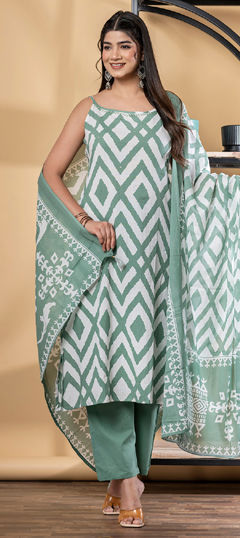 Green, White and Off White color Salwar Kameez in Cotton fabric with Cut Dana, Lehariya, Printed, Sequence work