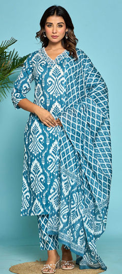 Blue color Salwar Kameez in Cotton fabric with Bugle Beads, Lace, Printed, Sequence work