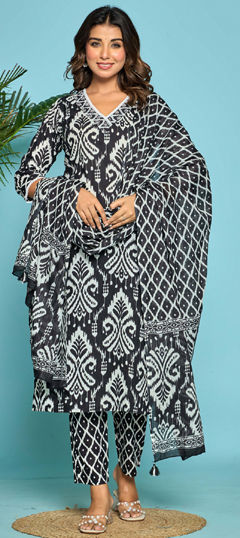 Black and Grey, White and Off White color Salwar Kameez in Cotton fabric with Bugle Beads, Lace, Printed, Sequence, Zari work