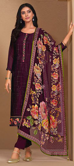 Purple and Violet color Salwar Kameez in Chiffon fabric with Embroidered, Thread work