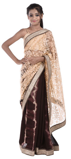 200914: Beige and Brown color Kids Saree in Brasso, Faux Georgette fabric with Lace work