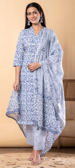 Black and Grey color Salwar Kameez in Cotton fabric with Printed, Sequence, Thread work